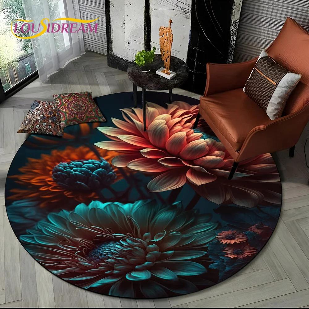 Covor rotund 3D Lux Floarea Soarelui Trandafir Nordic Margaretă pentru Decor Sofă Living Dormitor, Covor Zonă Copii Covoraș de Podea Antiderapant Cadou