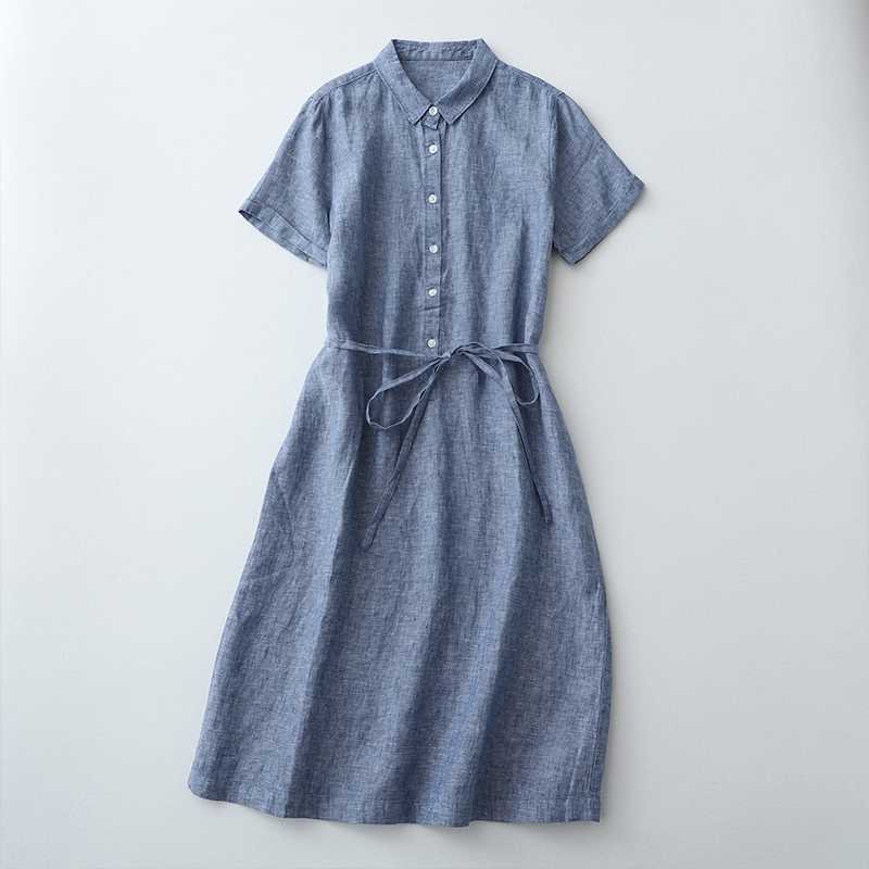 women s Linen Cotton Blend Shirt Dress Casual Short Sleeve Belted Midi Dress with Button Down Front M джинсовый синий