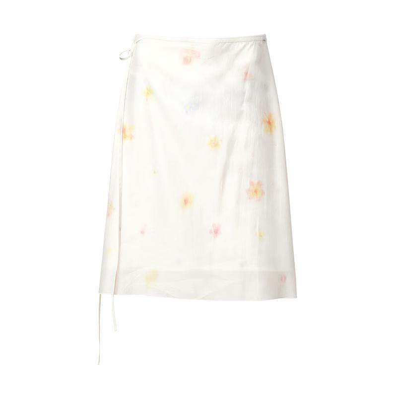 Green Belt White Floral Print Tencel Mid-length Skirt S