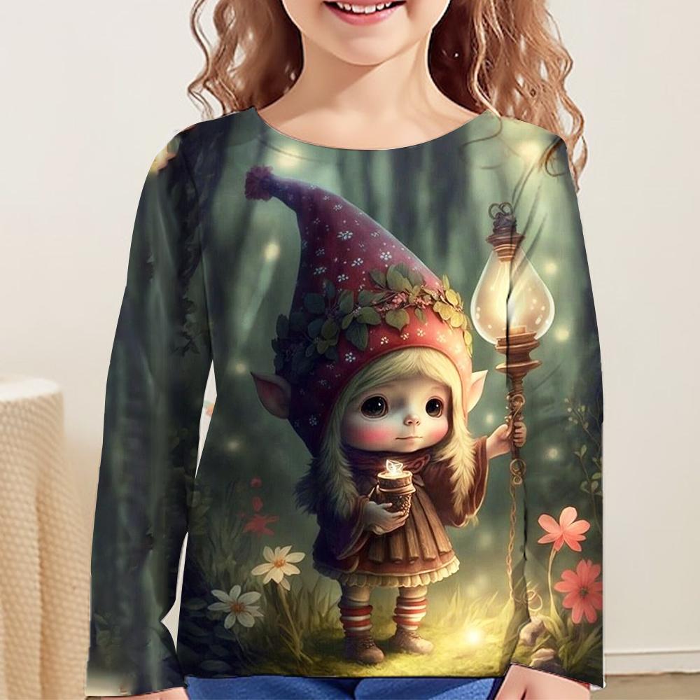 

Spring and Autumn Round Neck Castle Dream Elves Pattern 3D Printed Top Fashionable Casual Long Sleeved Children s Girl T-shirts 170