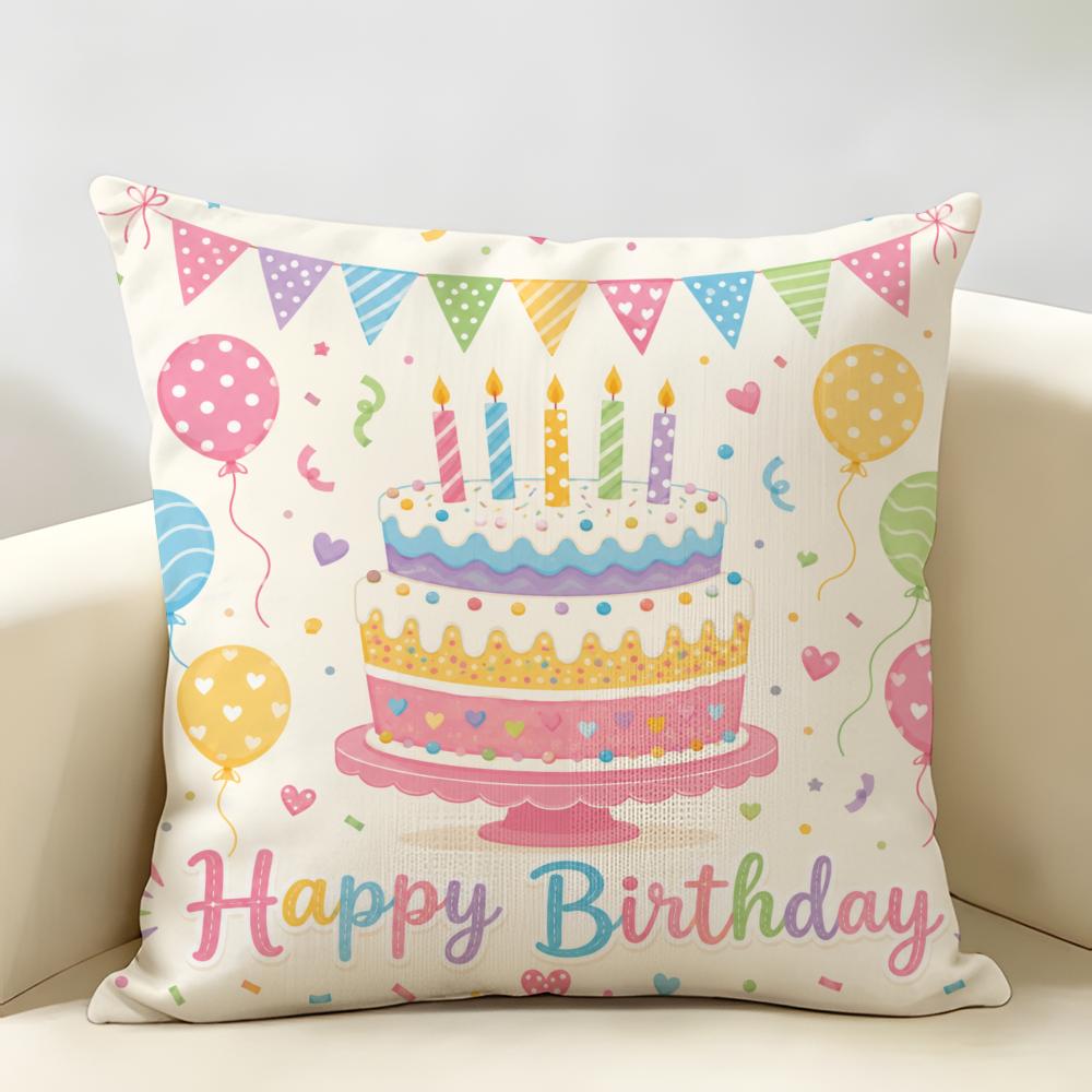 Cupcakes HAPPY BIRTHDAY Cushion Cover Durable Hypoallergenic Organic Linen Pillow Cover Short Size Washable SkinFriendly