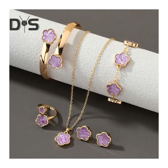 5 ks/sada Dámská sada šperků Dekorace šťastná květina Třpytivé kamínky Náhrdelník Náramek Náramek Náušnice Prsten Sada Módní šperky