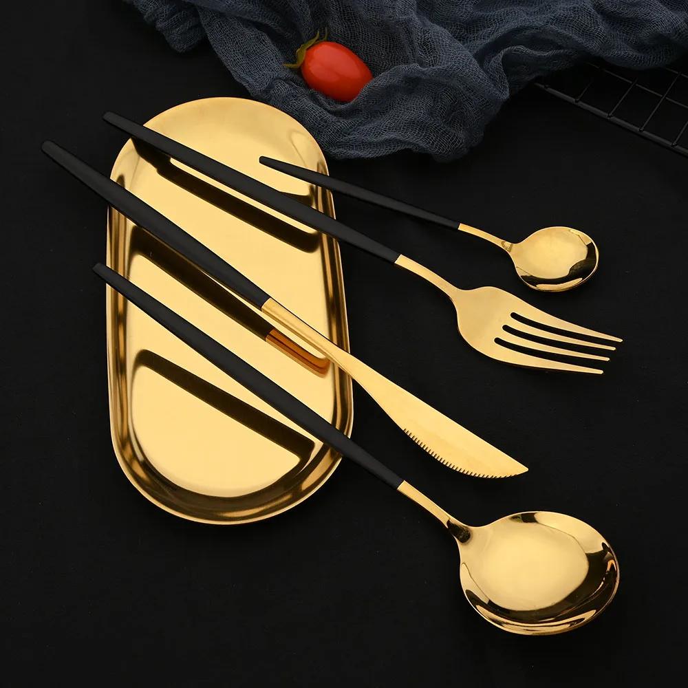 24Pcs Rose Gold Dinnerware Set Stainless Steel Steak Knife Fork Coffee Spoon Teaspoon Flatware Dishwasher Safe Kitchen Tableware