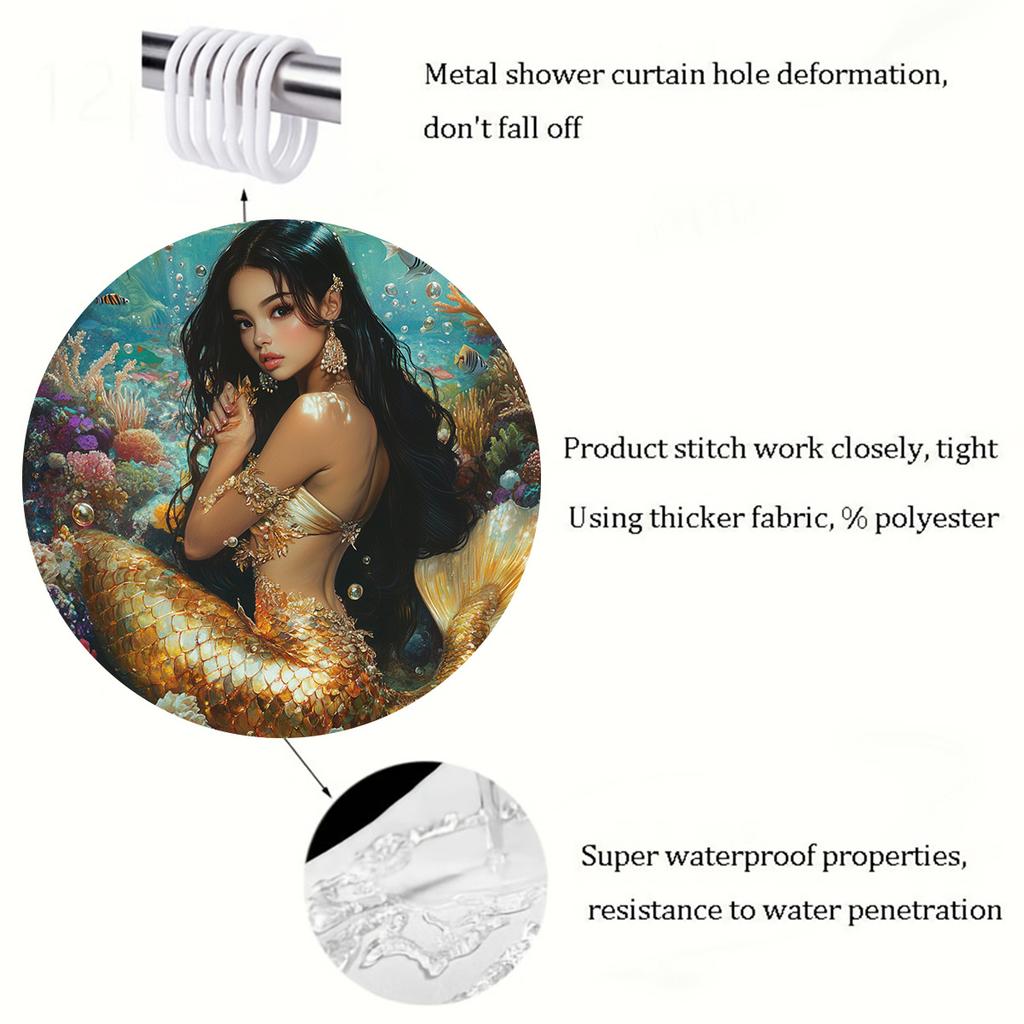 1pcs Beautiful Mermaid Print Shower Curtain, Machine Washable, Suitable for All Seasons, Bathroom Decorative Pattern Curtain