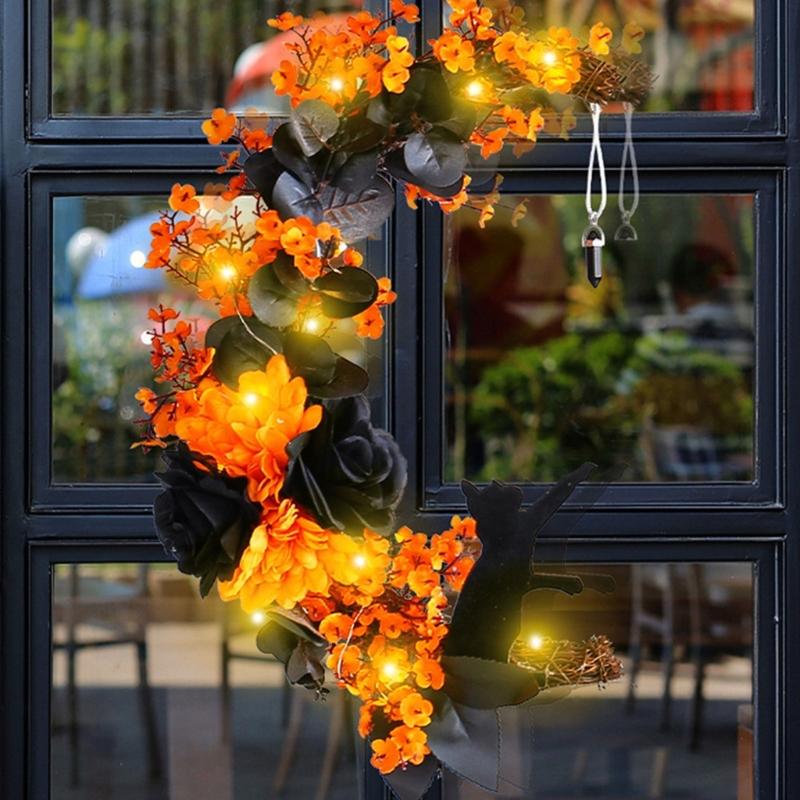 Halloween Moon Cat Wreath Simulation Hanging Pendant Autumn Rustic Crafts Spooky Halloween Decorations for Home Party