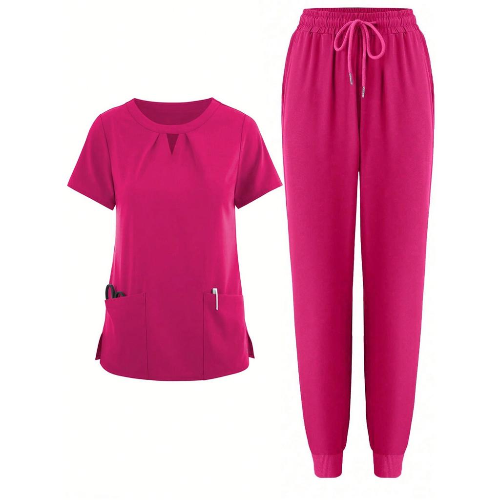 Short Sleeved Solid Color Round Neck Pocket Top Pants Work Clothes Two-Piece Set