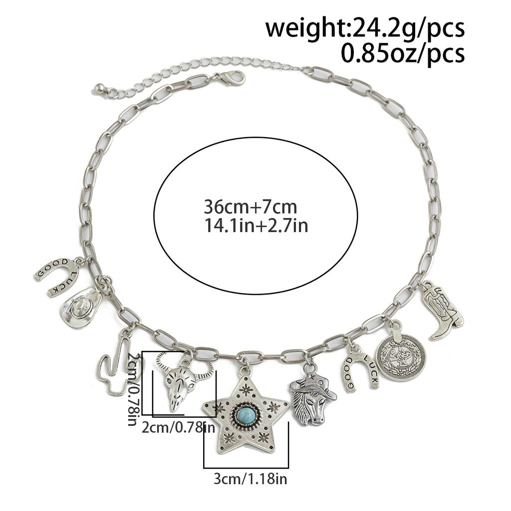 Retro ethnic style imitation turquoise cow head collarbone necklace female western cowboy style hat necklace