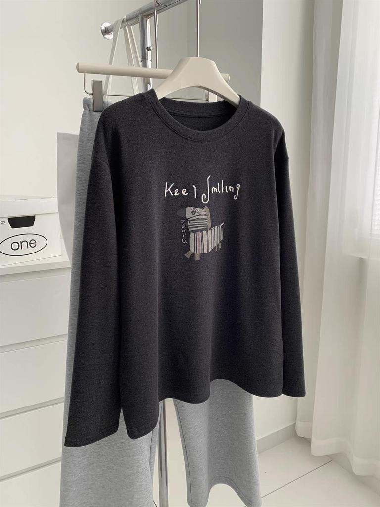 Women's Plus Size Dark Grey Little Horse Print Velvet T-Shirt - Warm Brushed Base Layer for Autumn/Winter