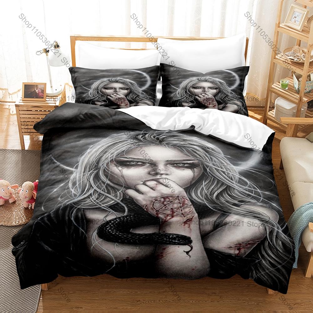 Witch Priestess Spirit Magic 3PCS Bedding Set Fantasy Print Duvet Cover Bed Sheet Pillowcase Soft Microfiber Gothic Style