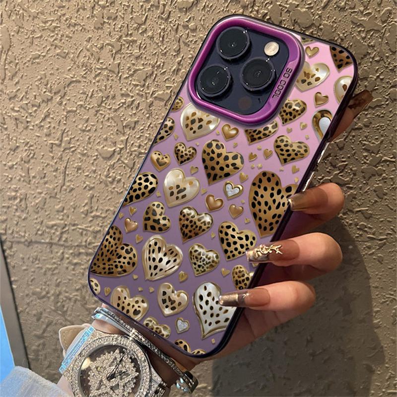 Love Heart Leopard Print Electroplate Silver Phone Case For iPhone 16 Pro Max 15 14 13 12 11 7 8 Plus X XS XR Shockproof Cover