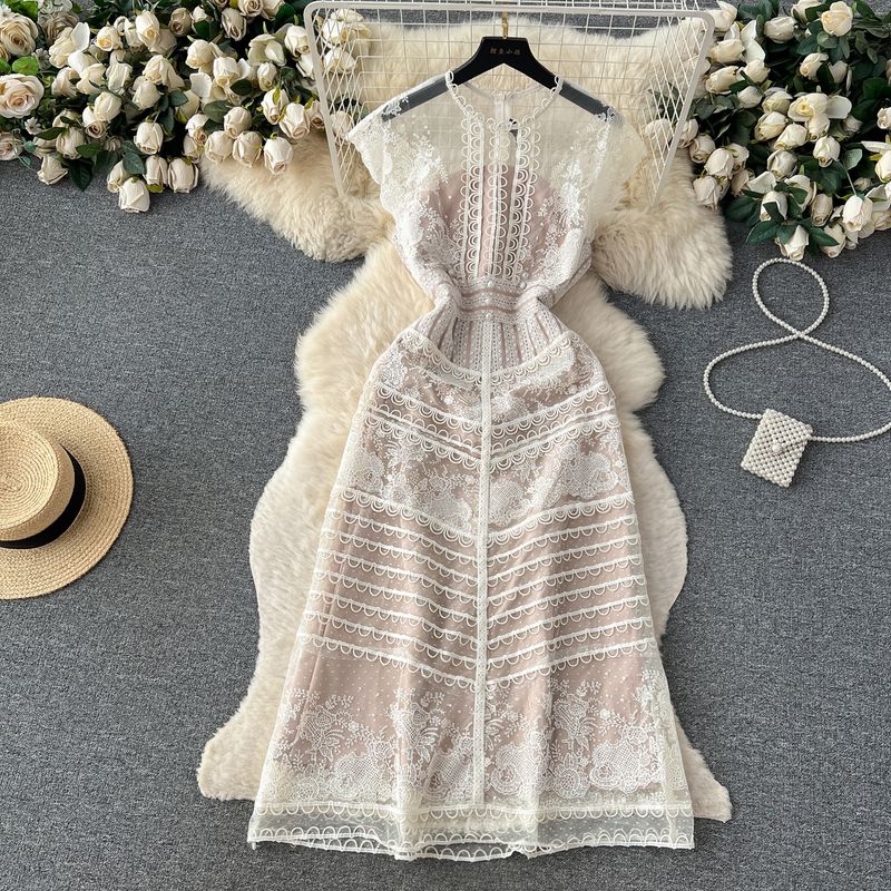 Vintage Court Style Flowers Slim Looking Dress Embroider