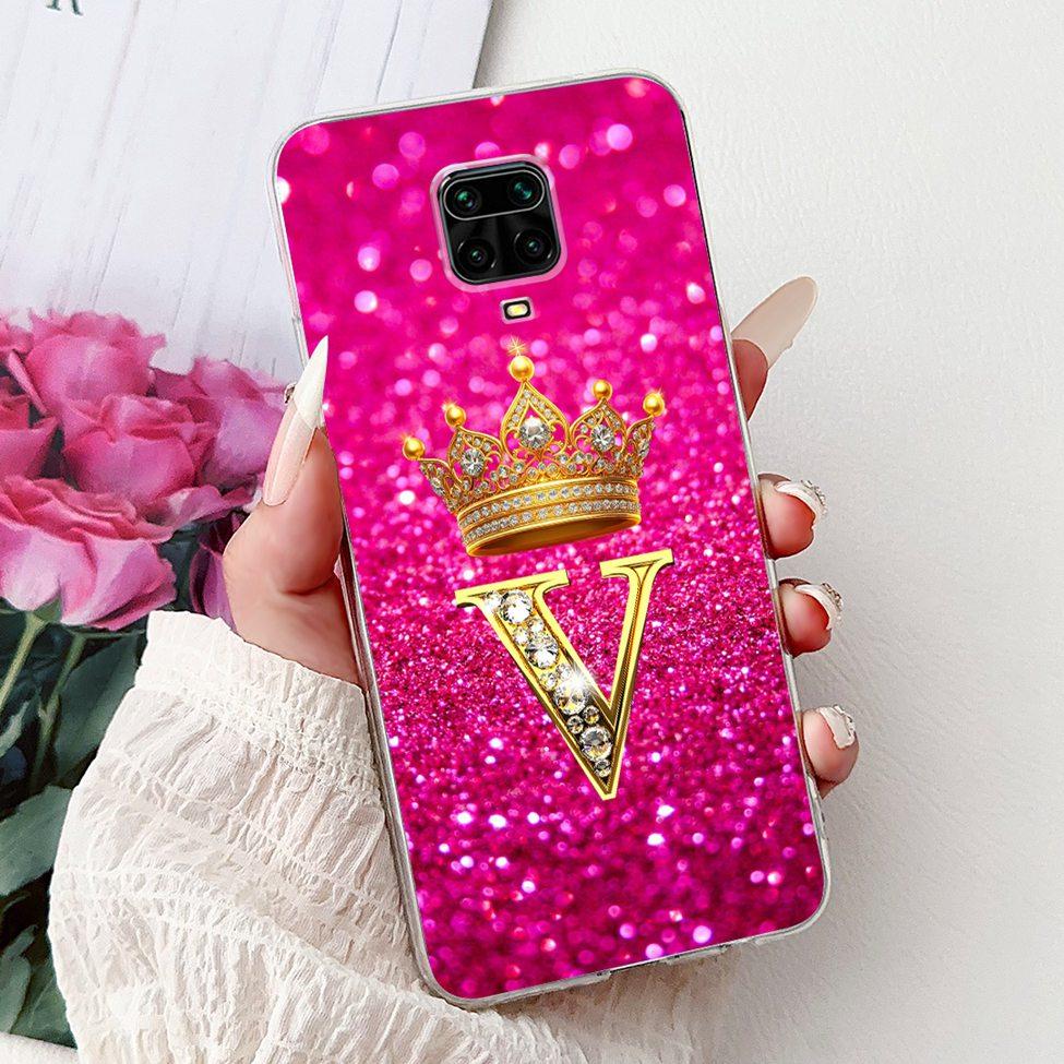 Clear Cover For Xiaomi Redmi Note 9s Case Fashion Luxury A-Z Letters Crown Soft TPU Phone Case M2003J6A1G