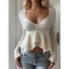 Women Spring Autumn New Solid Color Square Collar Long Sleeved Ruffle Hem Slim Fit Waist Cinched Casual Crop Top