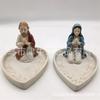 Religious Prayer Bead Stand with Virgins Mary and Jesus Kneeling Figurines Ceramic Heart Shaped Rosary Holder Ornament