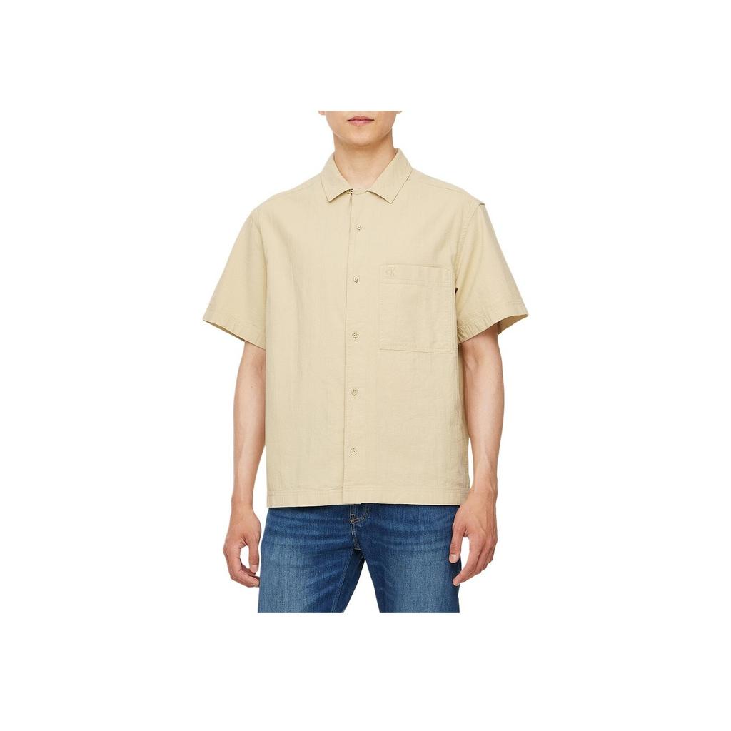 Calvin Klein Casual Minimalist Embroidered Pocket Pleated Cotton Short Sleeve Shirt Men shirts Khaki J325603