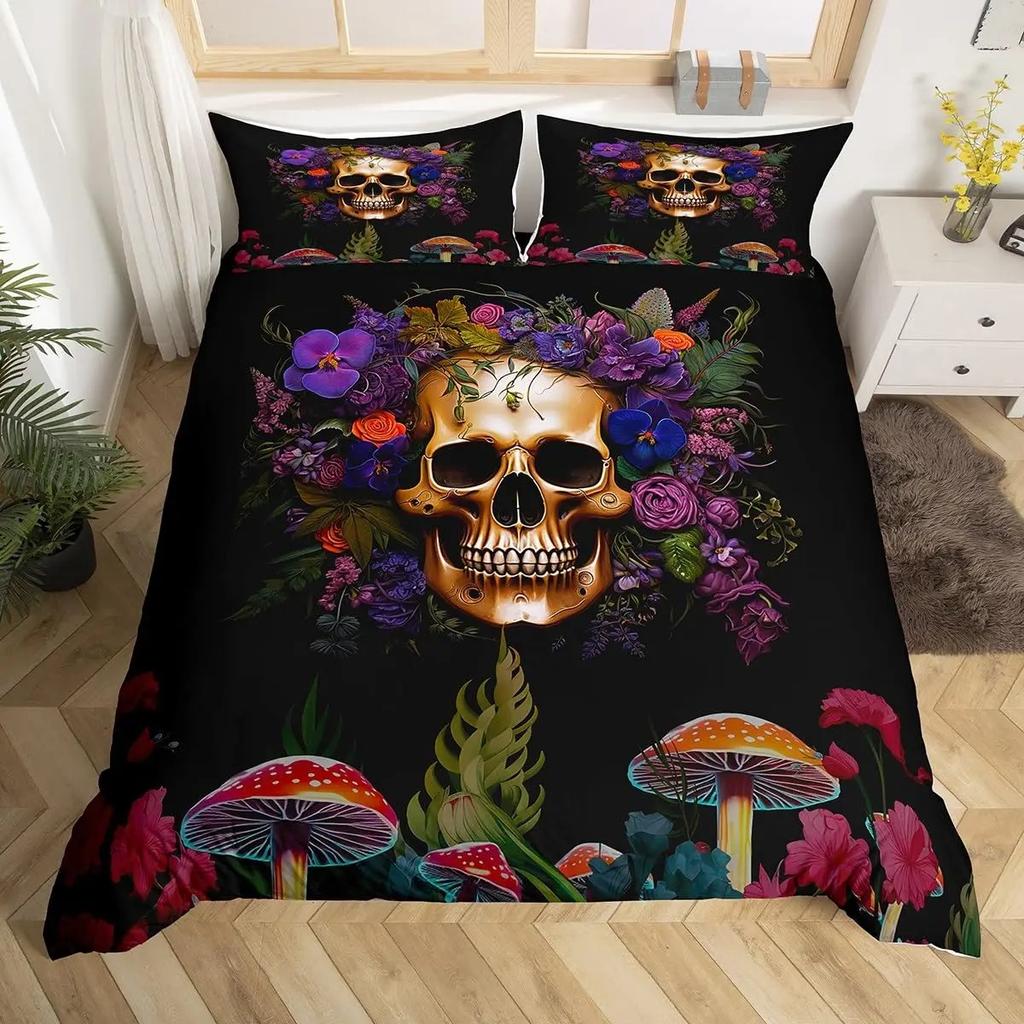 Gotisches Zuckerschädel Knochen Bettwäsche Set Skelett Hand Bettdecke Bezug Rosenblätter Romantische Blumen