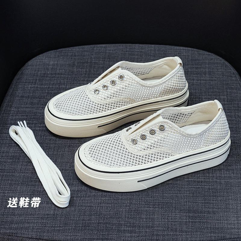 thick-soled mesh sports board shoes women's summer new hollow breathable mesh shoes versatile casual loafer white shoes