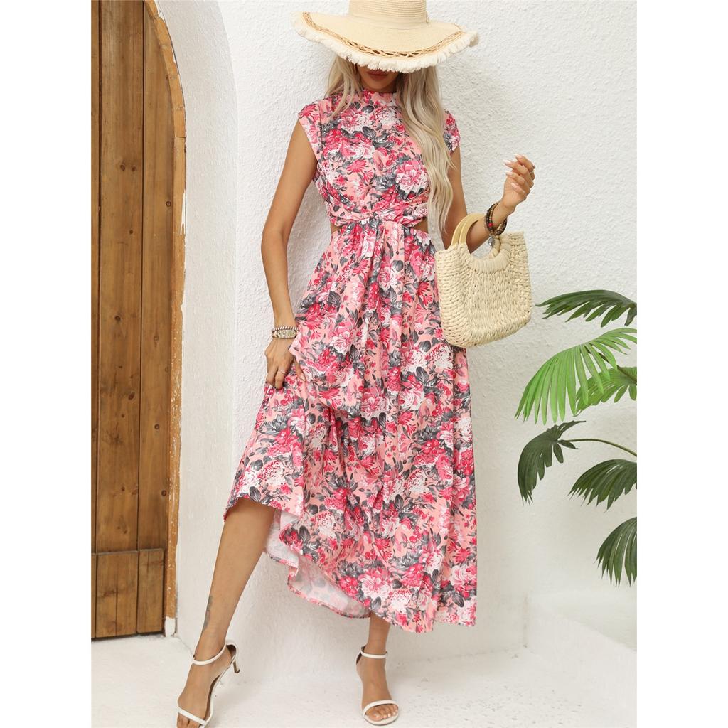 Tooxika Summer New Holiday Printed Long Sleeveless Half High Neck Backless Waist Dresses For Women