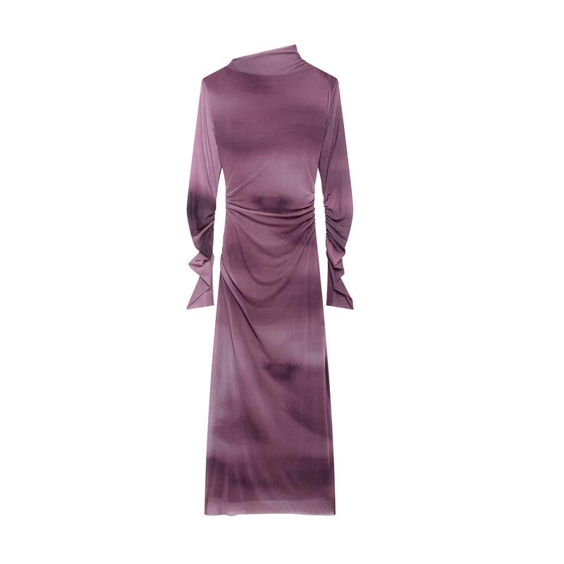 2024 European & American Trend: Women's Bodycon Ruched Silk Net Dress with Stand-up Collar & Long Sleeves, Autumn Style