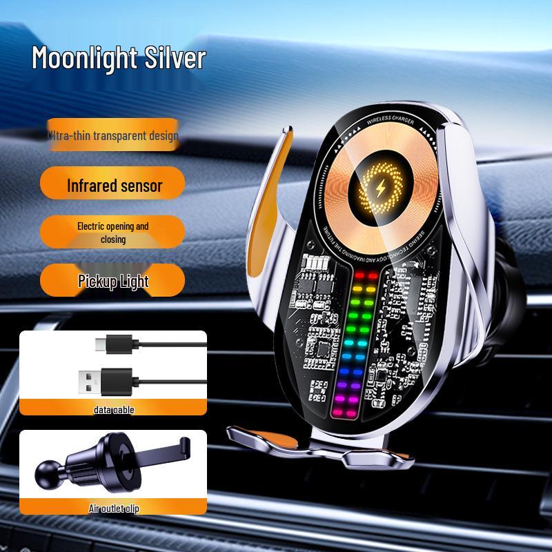 Q6 RGB Sound-Reactive Wireless Charging Car Phone Holder with Foldable Screen and Unobstructed Lens Design