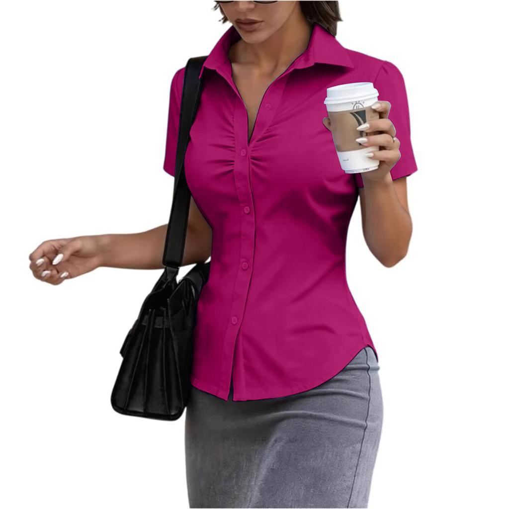 Women's Short Sleeve Button Down Shirt Slim Fit Collared Blouse Office Workwear Casual Top with Ruched Front Design