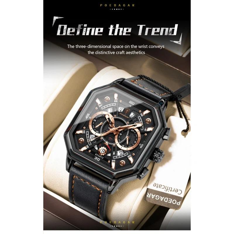 POEDAGAR Luxury Chronograph Square Man Watch Waterproof Luminous Date Men Watch Sports Leather Men's Watches Quartz