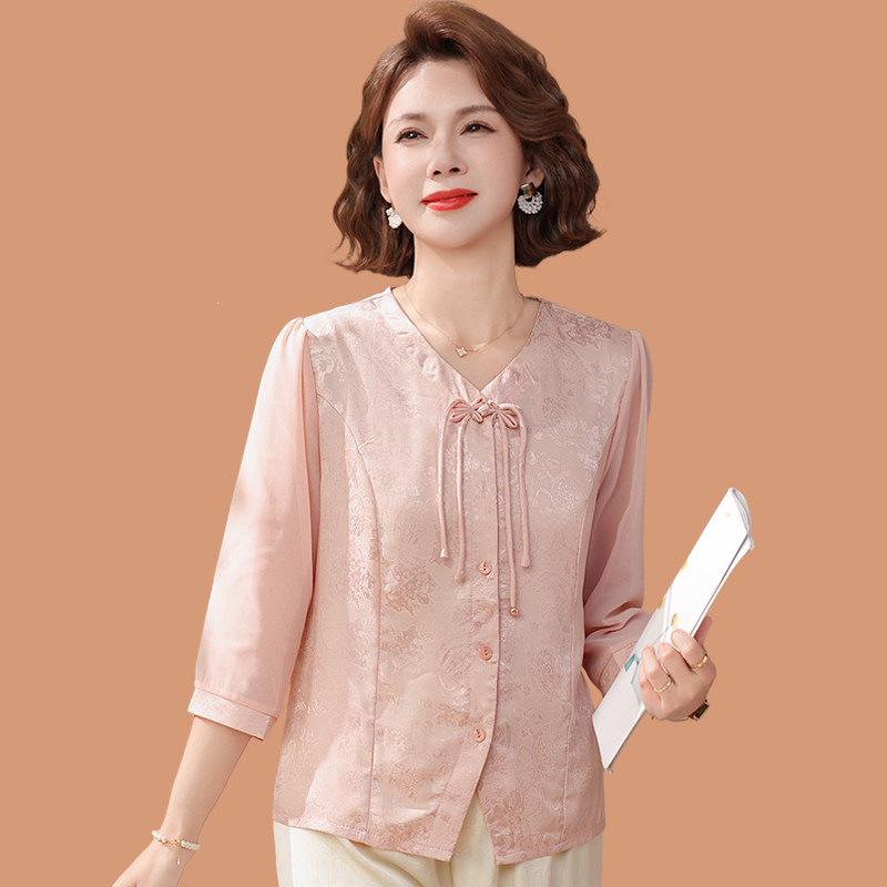 

Chiffon Shirt for Stylish Moms - Elegant Mid-Age Spring Clothing with Gauze Sleeves, New Chinese National Style Top for Spring/Summer 2XL (105-120 jin)