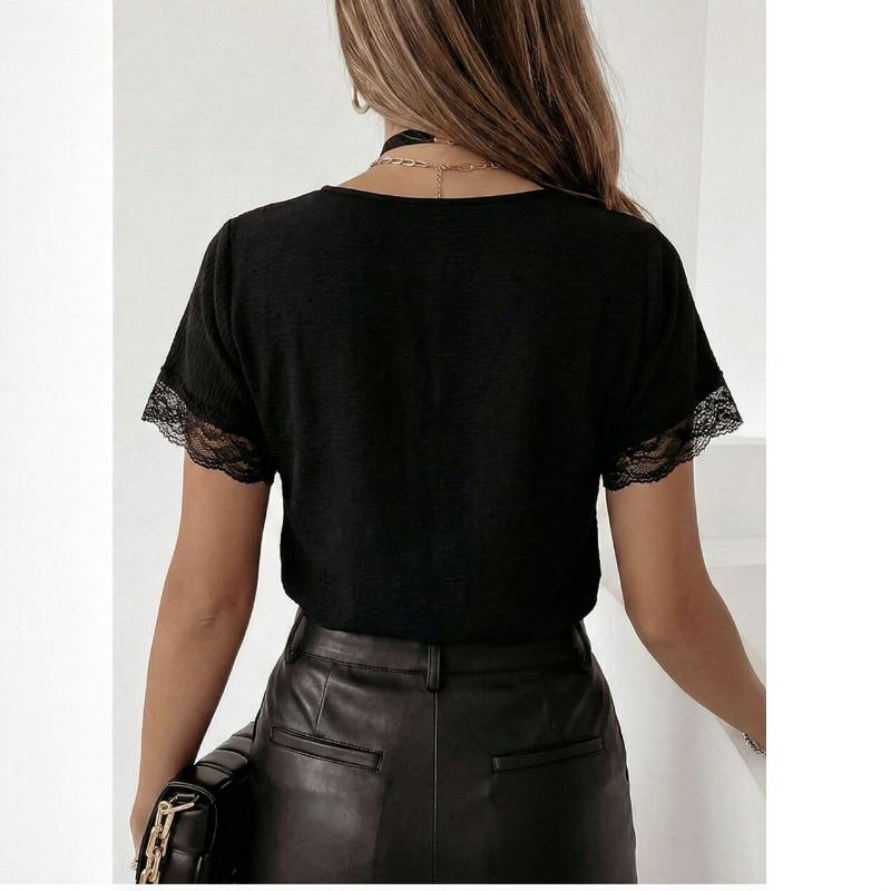 Women S V Neck Lace Spliced Short Sleeve T Shirt Loose Summer Fashion Top