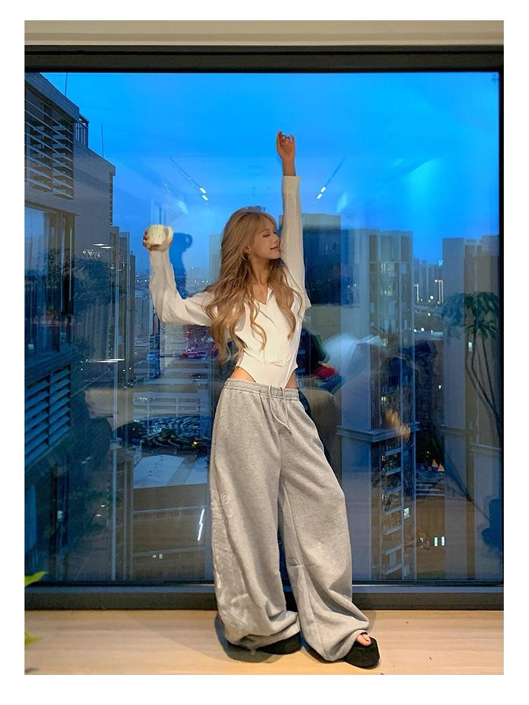 Women's Autumn Wide-Leg Hip Hop Sweatpants with Side Letter Embroidery and Drawstring for Jazz Dance