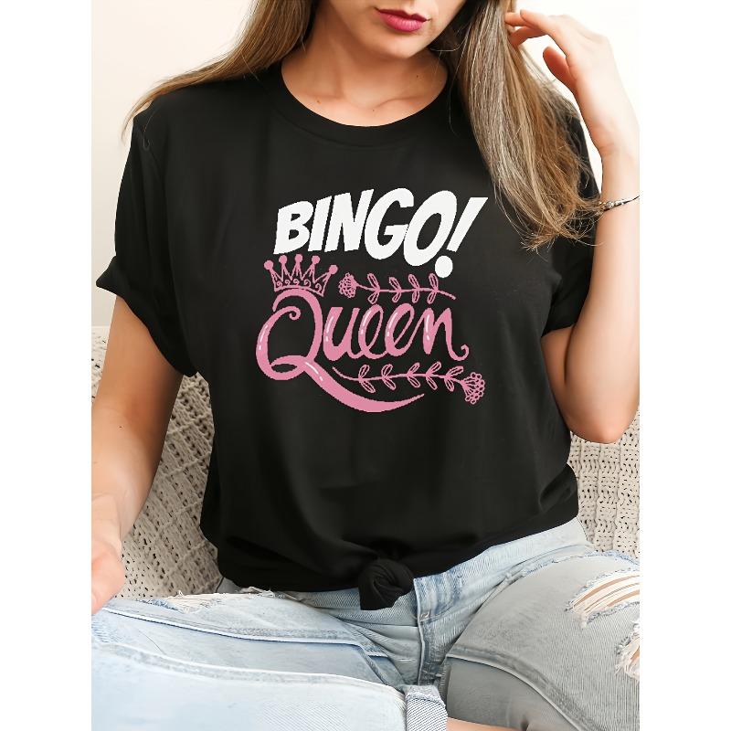 

Women s BINGO Letter Print Tee Crew Neck Short Sleeve Casual Top 4XL чорний