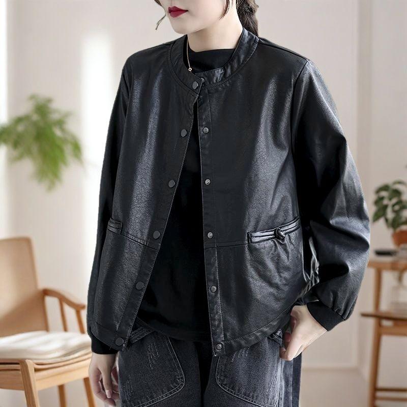Counter Withdrawal Big Brand Leftover Autumn and Winter Leather Jackets Women's Short Loose ArtisticHigh-end Jackets