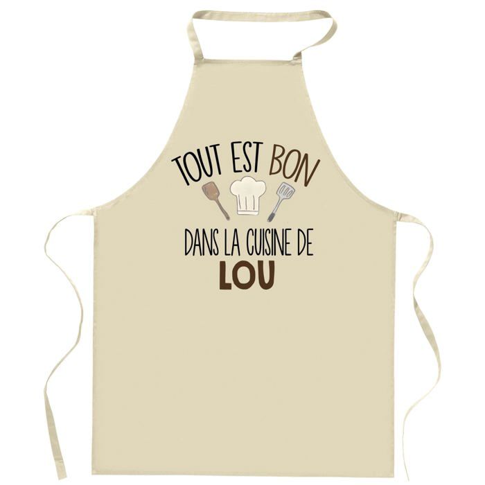 Planetee Tablier Tout est bon dans la cuisine de LOU | Cadeau original Prénom pour Cuisinière | Vêtement Blouse protection