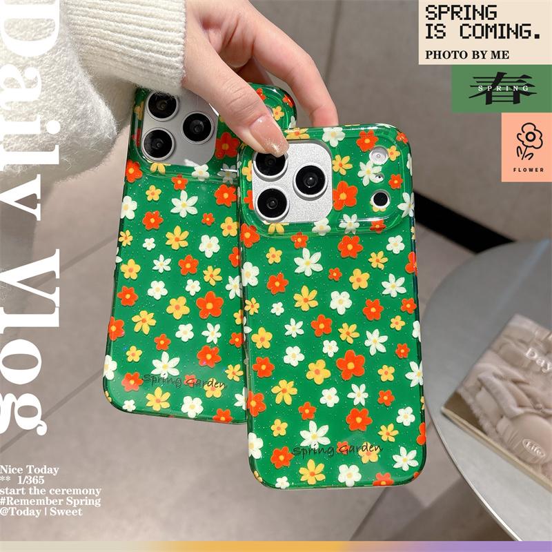 Green Floral Glitter Phone Case For iPhone 17 16 15 14 Pro Max Spring Garden Aesthetic Cute Flower Protective Cover