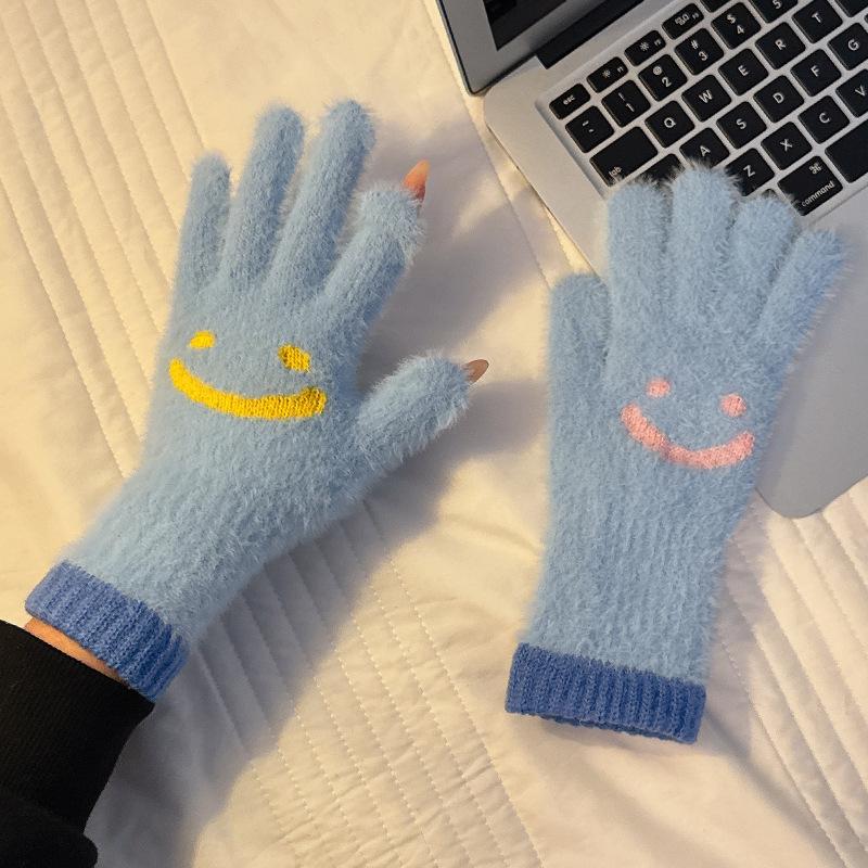 Winter Niedlich und Gut Aussehend Neu Lächelndes Gesicht Touchscreen Fingerlos Verdickt Warm und Kältefest Radfahren Studentenhandschuhe für Mädchen