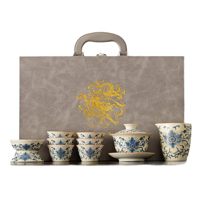 New Chinese high-end national style twisted lotus Ru kiln kung fu tea set, household ceramic teapot tea set gift box