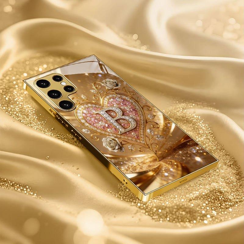 gold-plated phone compatible with Samsung Galaxy S26 S25 S24 S23 S22 Ultra Plus. made  tempered glass decorated heart pattern