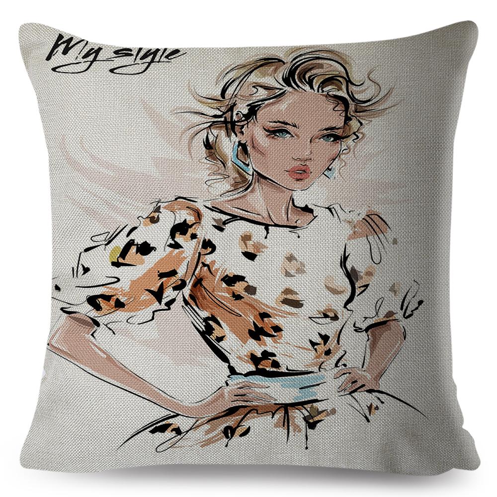 Fashion Woman Art Pillowcase Double Print Boho Lady Cushion Cover Soft Plush Portrait Pillowcase Home Decor