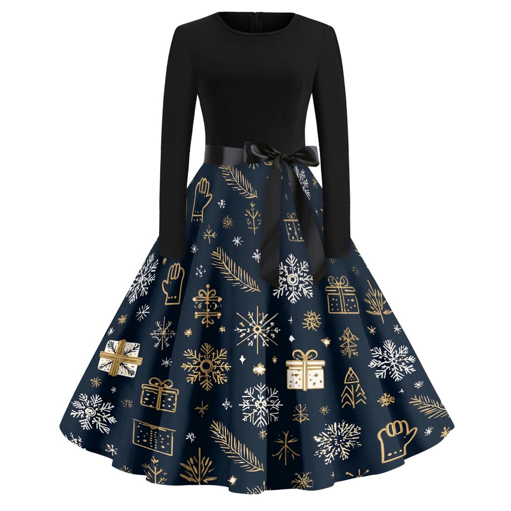Women's Casual Fashion Round Neck Christmas Printed Vintage Dress