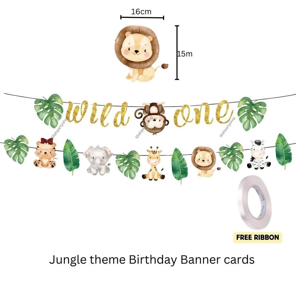Jungle animals birthday banner backdrop set Safari Wild One bunting card supply