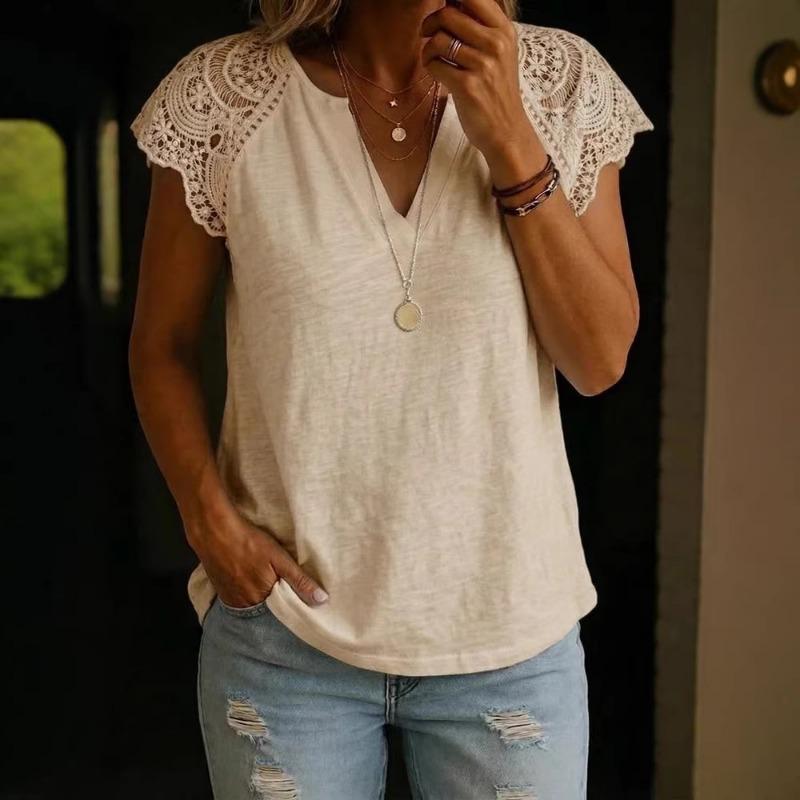 Women V Neck Lace Patchwork Short Sleeve Loose Casual Comfortable Summer New T Shirt Top