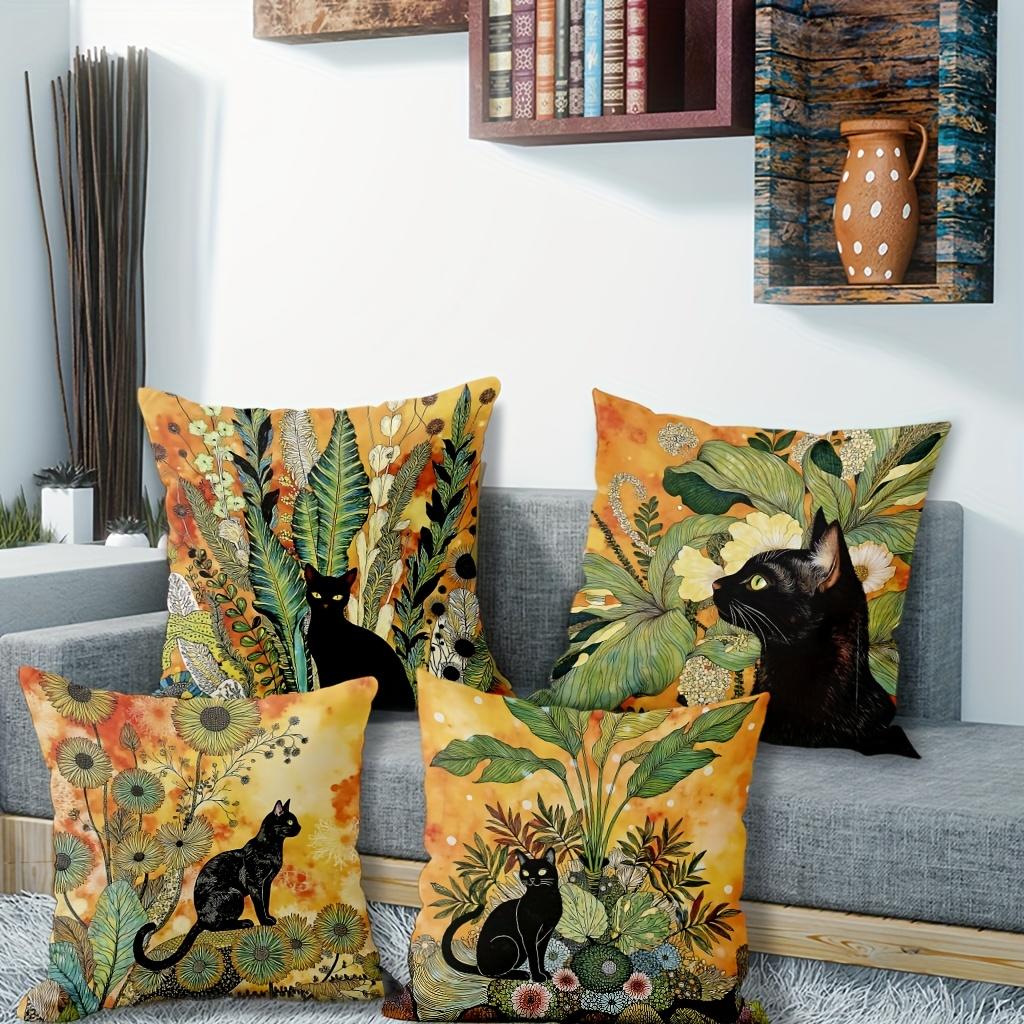 1/4pcs Black Cat & Floral Leaf Print Pillowcases Sofa cushion cover home bedroom room decoration