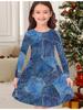 Girls' Autumn and Winter Fashion Dress, 3D Denim-like Print  Round Neck Long Children's T-shirt Dress, Casual Versatile, Christmas Clothing