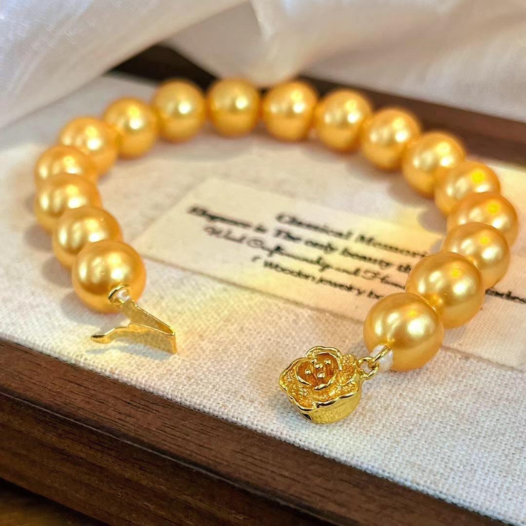 

Vintage 8Mm Philippine Gold Bead Bracelet Basic Commuter Rose Buckle