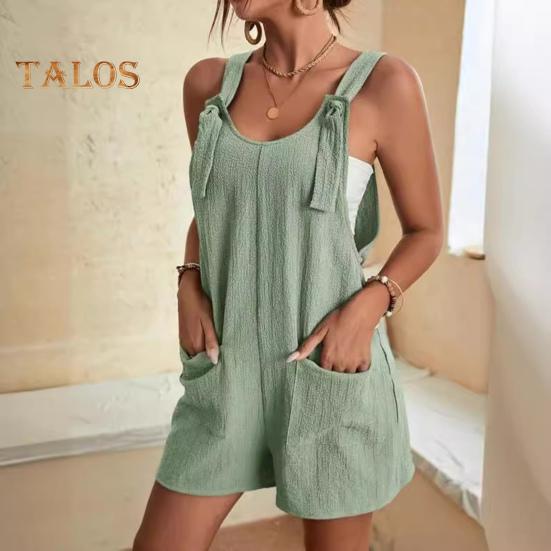 Macacão Feminino Sem Mangas Verão Casual Macacão Curto Solto de Algodão com Bolsos Roupas de Praia para Viagem Férias