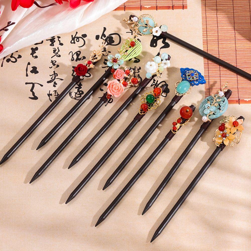 Chinese Wooden Hairpins Ancient Style Hanfu Hair Fork Flower Hair Sticks  For Women Girls