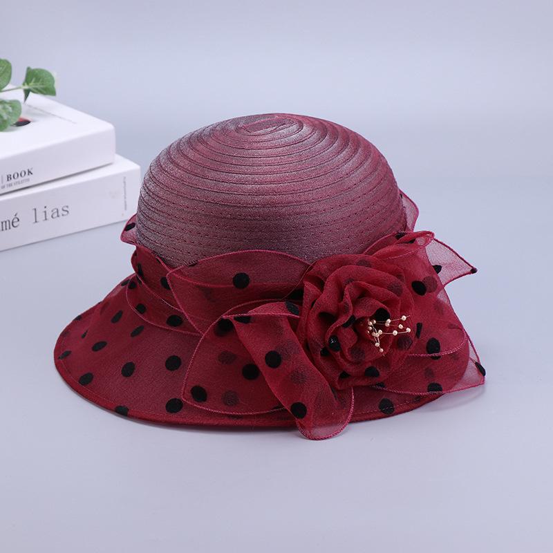 Polka Dot Top Hat Women's Summer Dome Organza Flower Socialite Style Foldable Fisherman Hat Sun Protection Large Brim