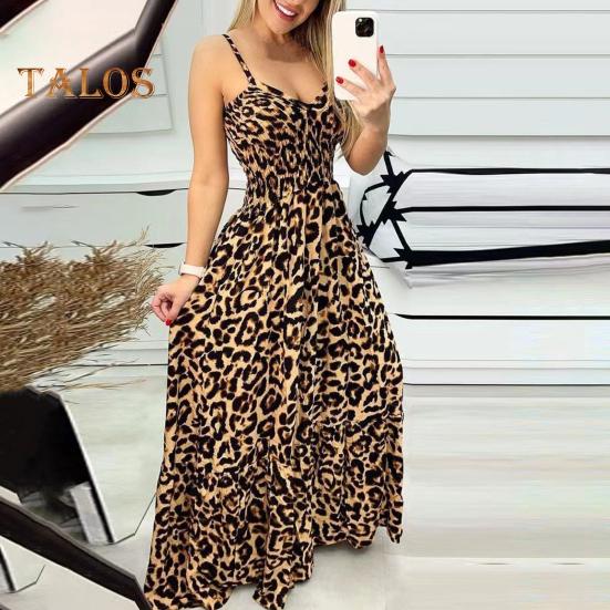 Women Strappy Dress Leopard Print Low-cut V Neck Sleeveless Tight High Waist Color Matching Backless Big Hem Vacation Beach Maxi Dress