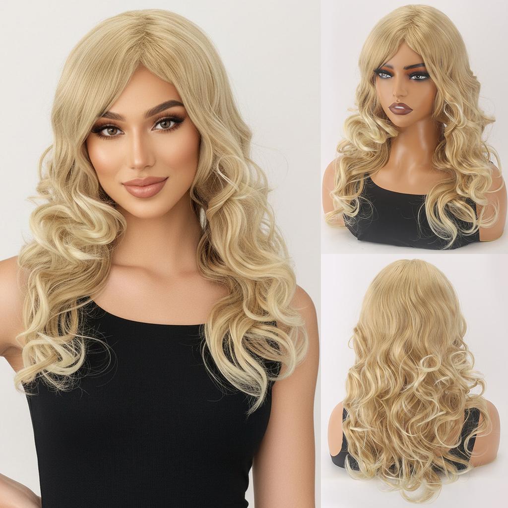 Long Fashion Blonde Hair Synthetic Fluffy Wave Wigs for Women Daily Cosplay Use Heat Resistant Fibre
