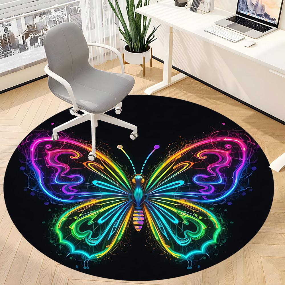 1PC Neon Butterfly Office Round Area Rug, Indoor Mat Suitable For Office, Under Office Chairs Bedroom Living Room Home Decor, Room Deco 105