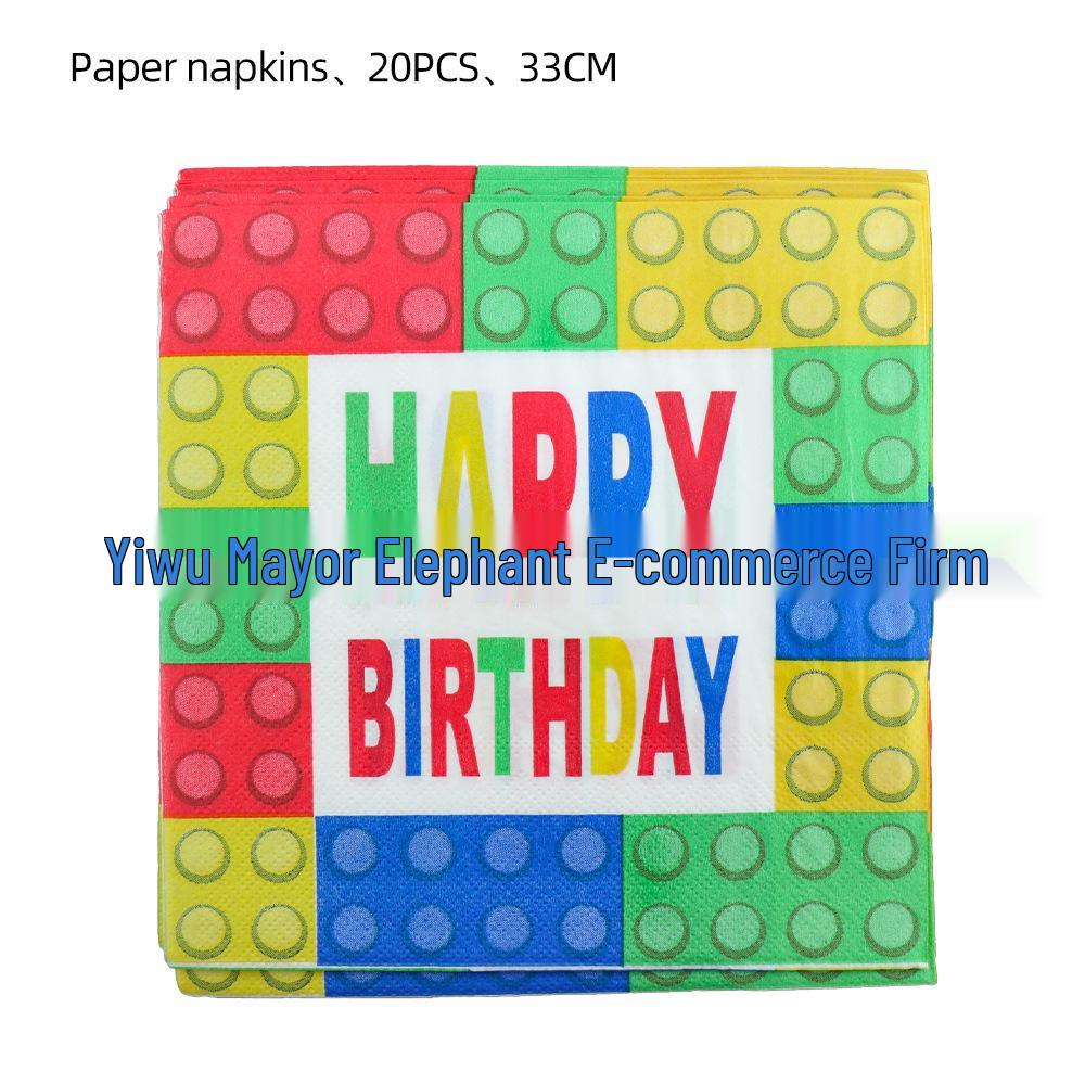 Párty potřeby s kostkami Lego: Praporek, Klobouky a Ubrus pro Dětské Narozeniny